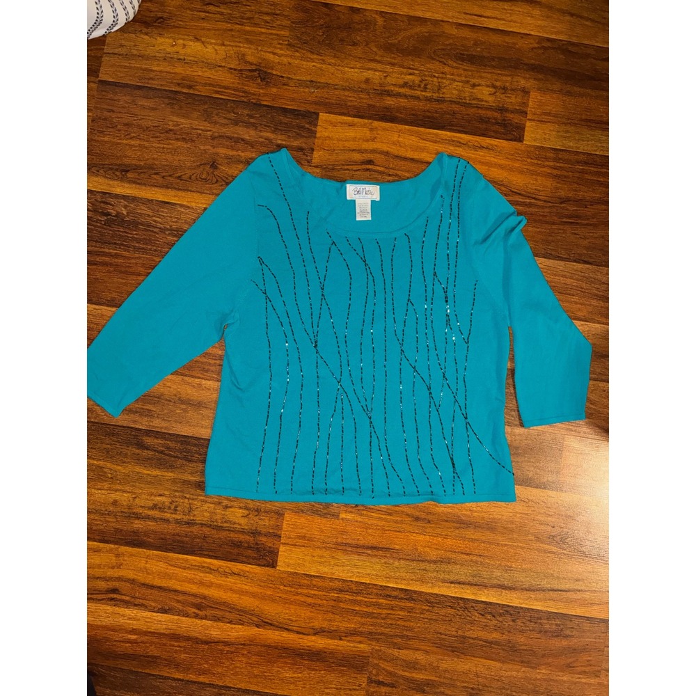 Bob Mackie Studio Teal Beaded Knit Top XL 3/4 Sleeve Turquoise Scoop Neck SM255